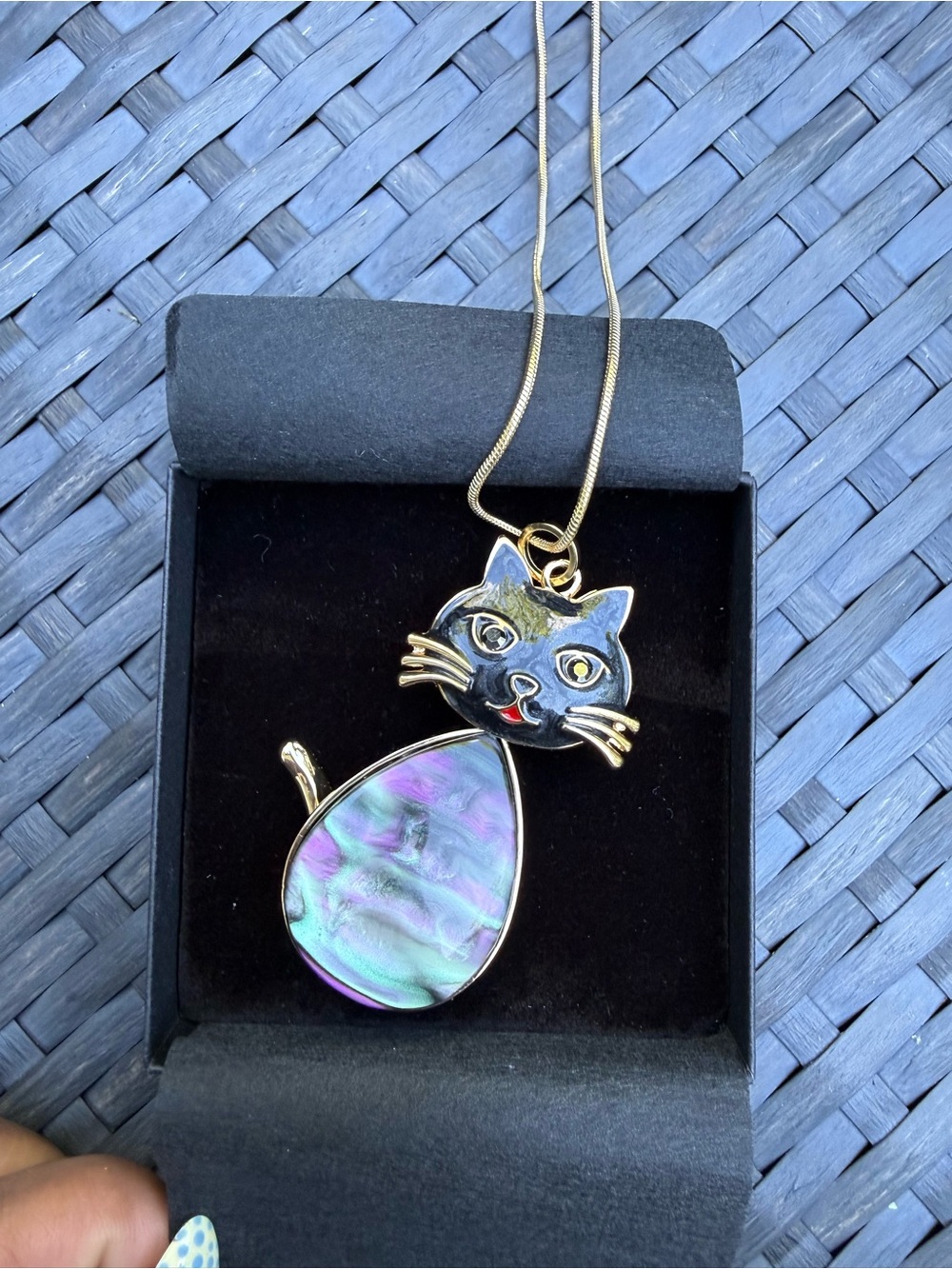 Natasha Cat Pendant Necklace with Iridescent Shell Teardrop and gold long chain